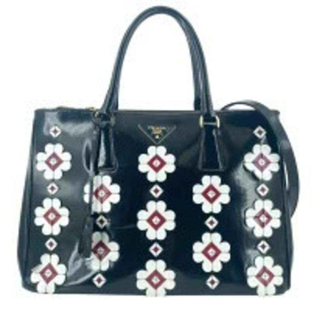 Prada Galleria Floral Flower Handbag Enamel Shoulder Bag Black